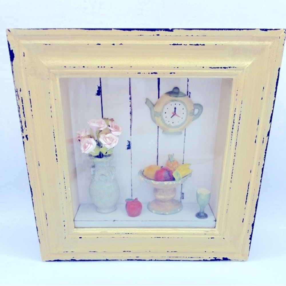 Farmhouse Shabby Vintage Wood Shadow Box, Miniature Flowers/Vase,Fruit And Clock